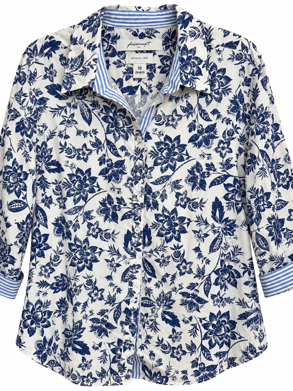 Foxcroft White Button-Down Shirt with Navy Floral Print #141